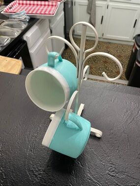 Vintage Bolero Ther-O-Ware Coffee Mug Set Turquoise, White Trim 2 Pack + Stand